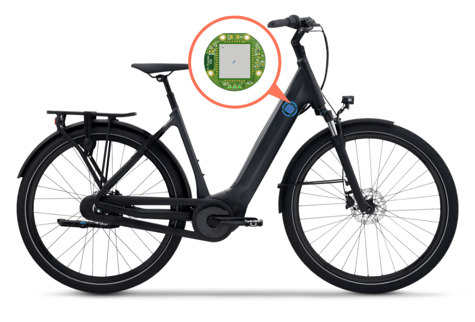 The OEM IoT device is usually embedded inside the down tube frame of a bicycle, but can be installed on other locations in collaboration with the client